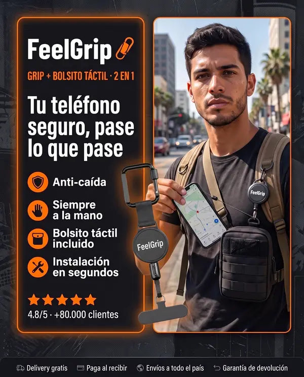 FeelGrip — Grip Anti-Caída + Bolsito Táctil (Kit 2 en 1) | Tu teléfono seguro, pase lo que pase